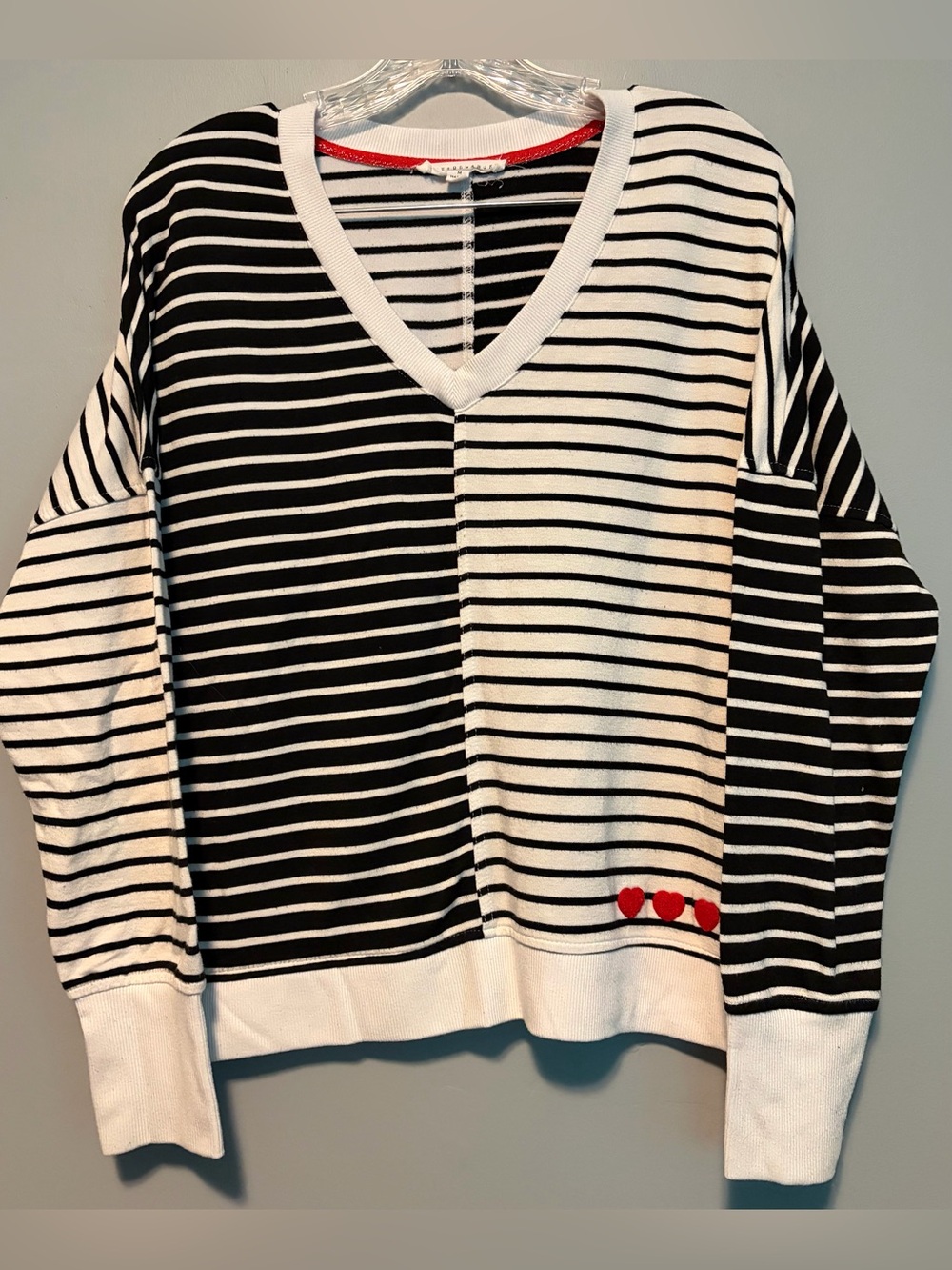 Jane and Delancey Black & White Striped V-Neck Sweater with Red Heart Accents
